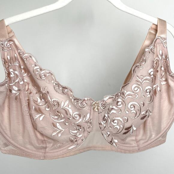 Vintage 90s Floral Embroidered Mesh Underwire Bra 42DD Cream Nude Coquette NWT - Picture 1 of 16